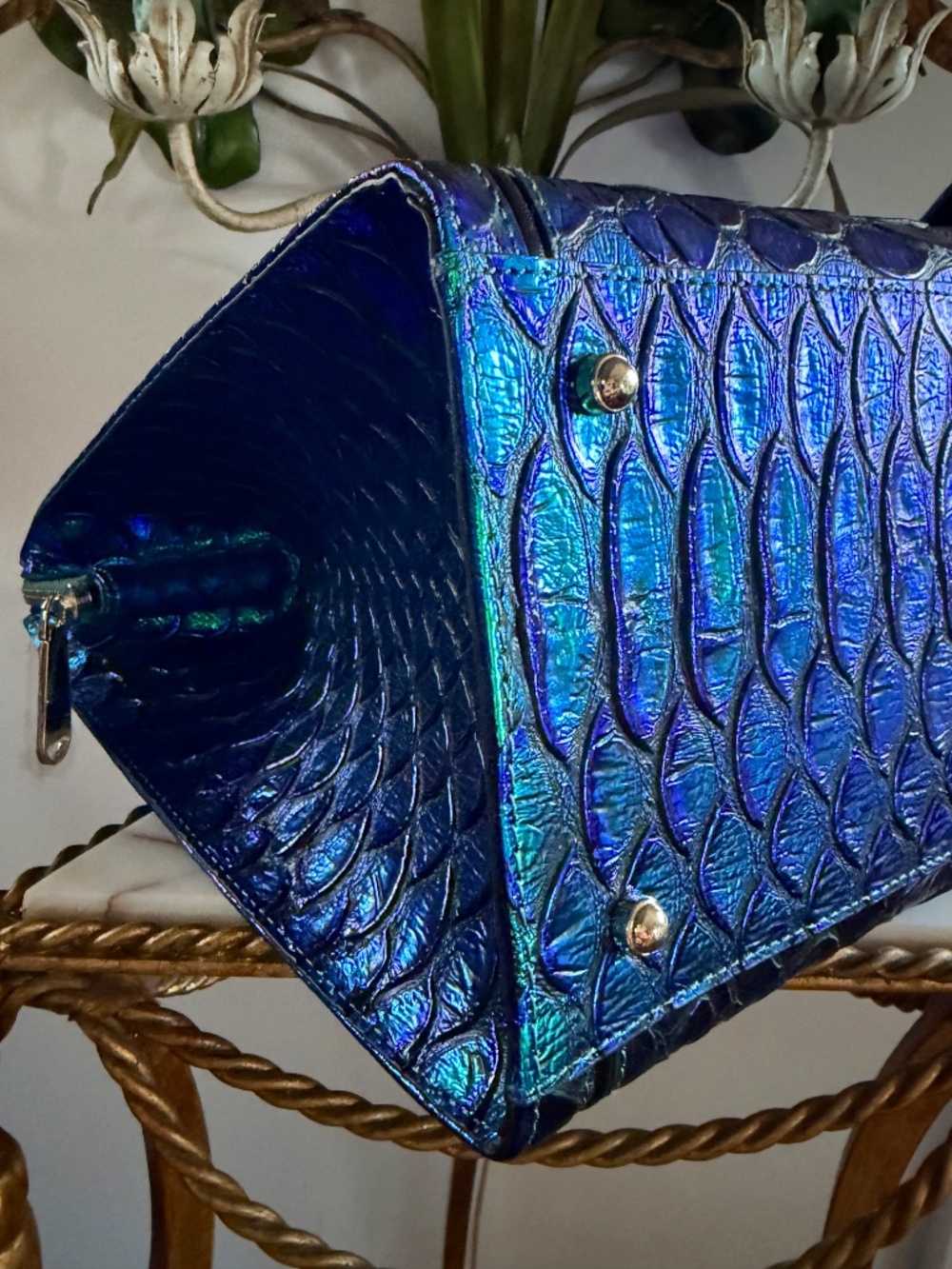 ๐๐ NWT Brahmin Emerald Lulia Caroline Metallic Blue Green Snake Print Bag ๐๐ - Picture 11 of 16